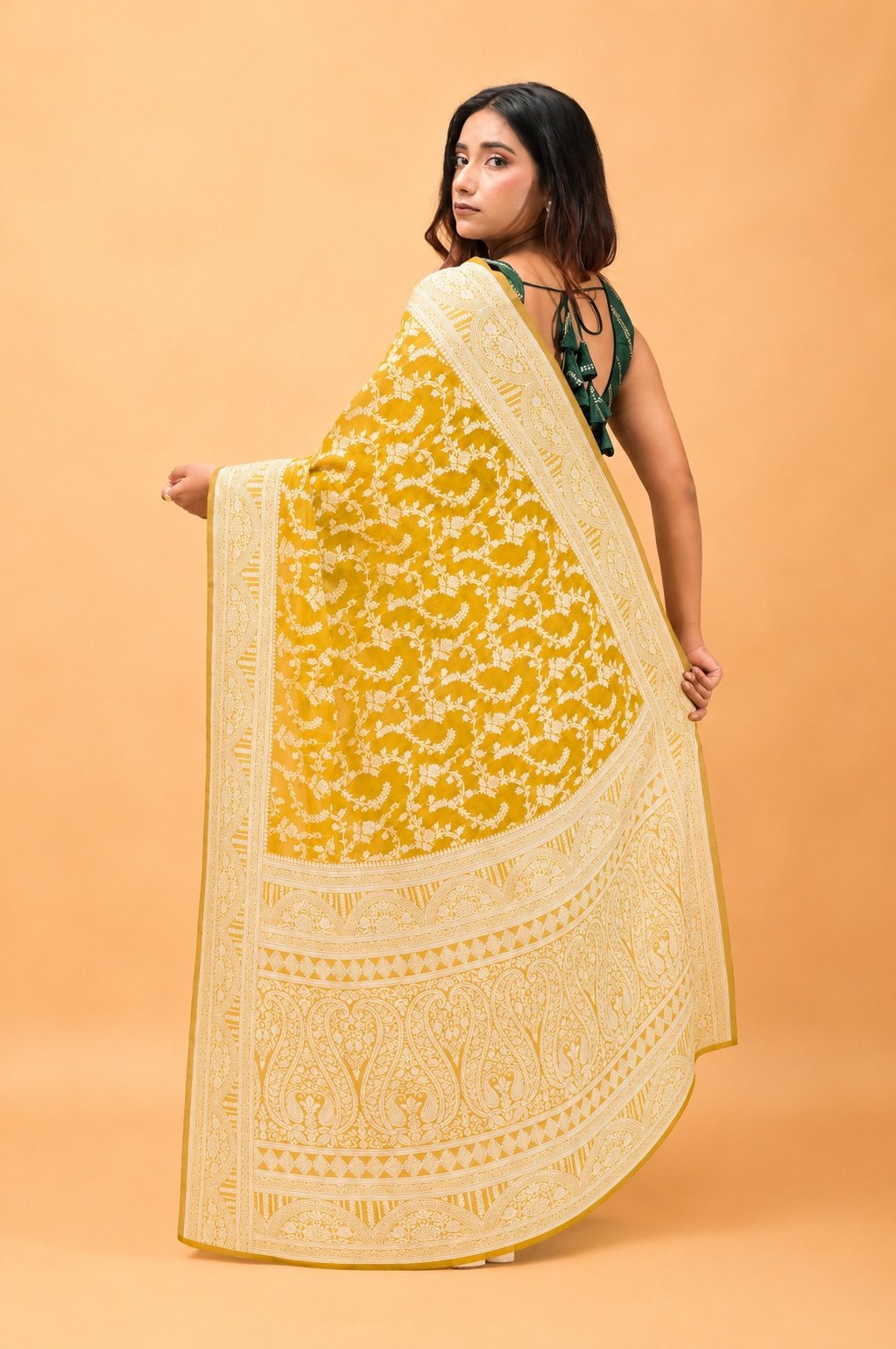 Leaf Jaal Ochre  Pure Cotton Saree With Strip Blouse